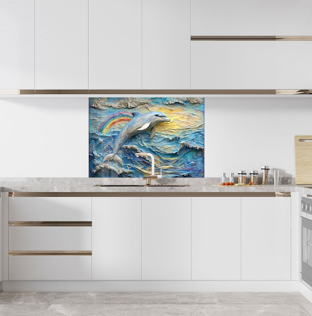 Energetic dolphin and colorful rainbow scene – cheerful kitchen backsplash idea.

