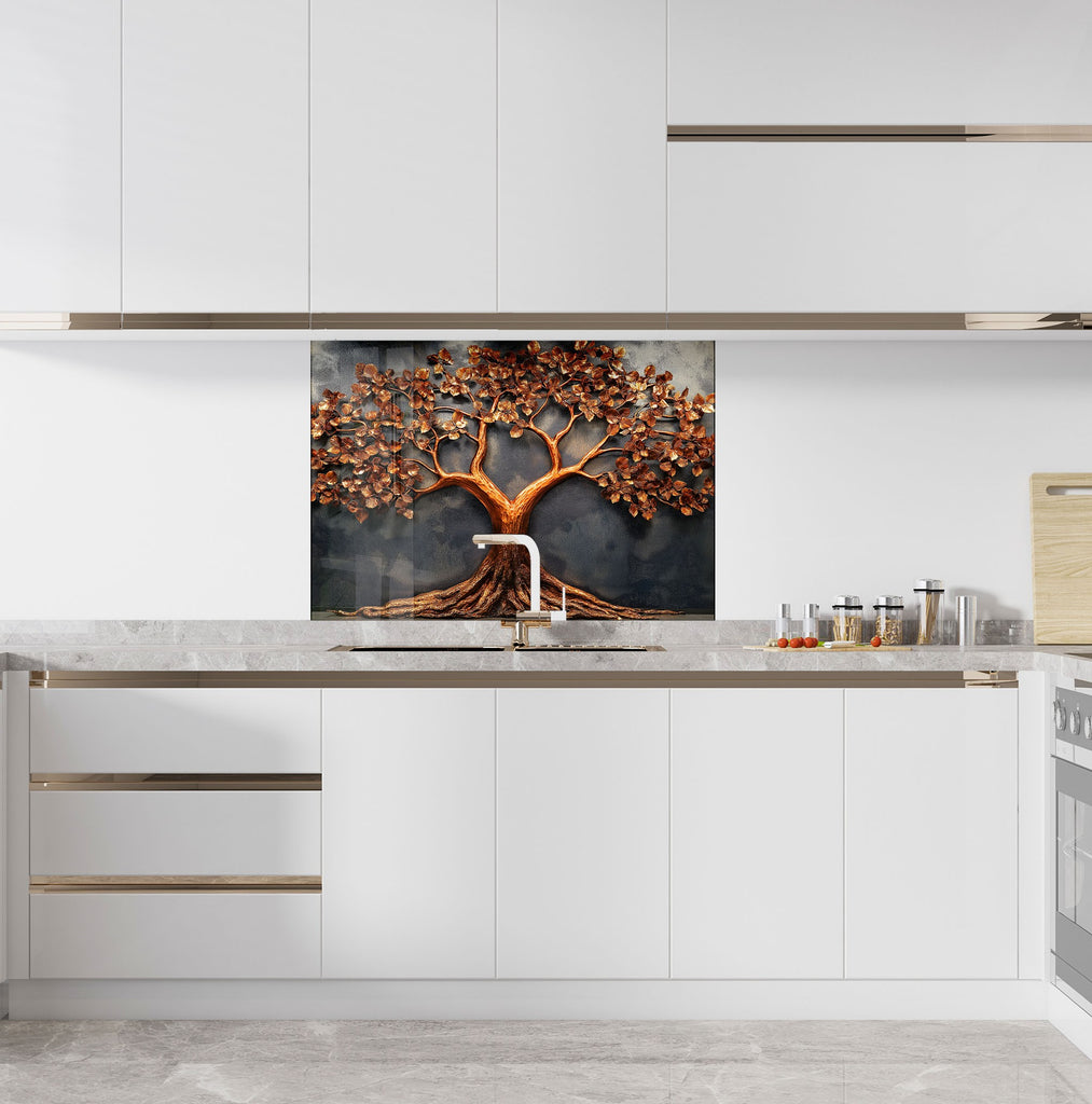 Copper kitchen backsplash with artistic tree of life design premium textured glass wall art for designer kitchen projects

