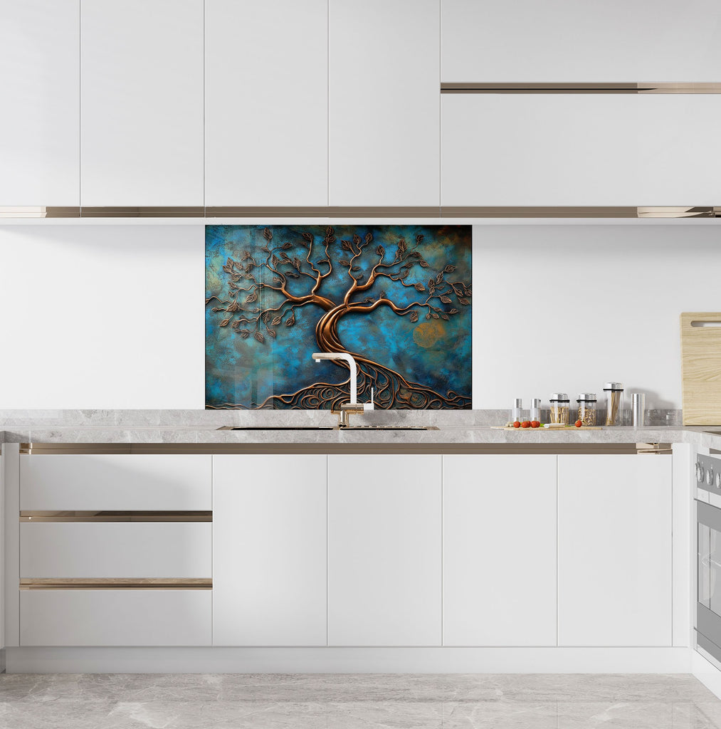 Backsplash glass art with copper tree of life design on bright blue background ideal for stylish and high end kitchen interiors

