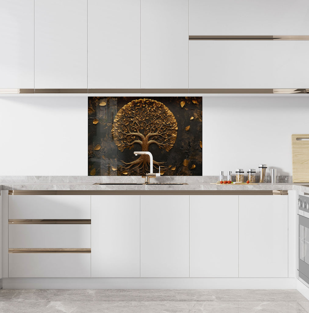 Backsplash glass wall art with golden tree design on black background perfect for high end kitchen interior designs

