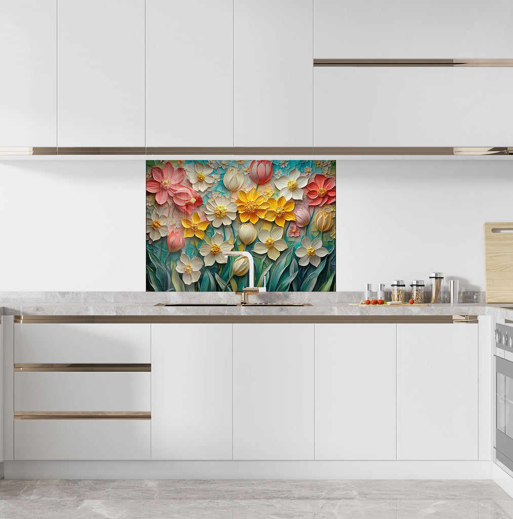 Cheerful kitchen glass backsplash with blooming tulips and daffodils – vibrant artistry for modern kitchen settings.

