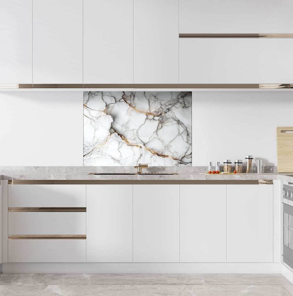 Sophisticated marble-look backsplash glass for high-end minimalist kitchen style.

