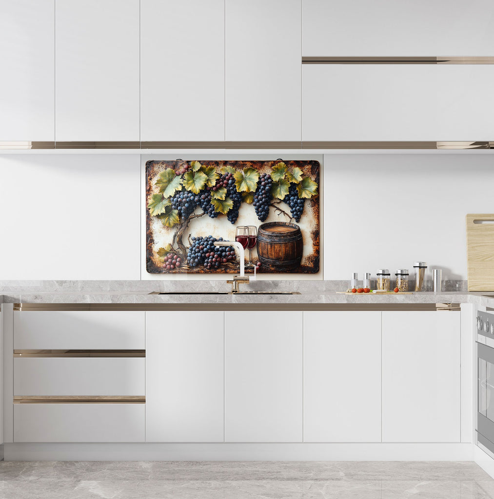 Rustic Grape Vine Glass Kitchen Backsplash – Vineyard Wine & Barrel Design-BacksplashArtworks