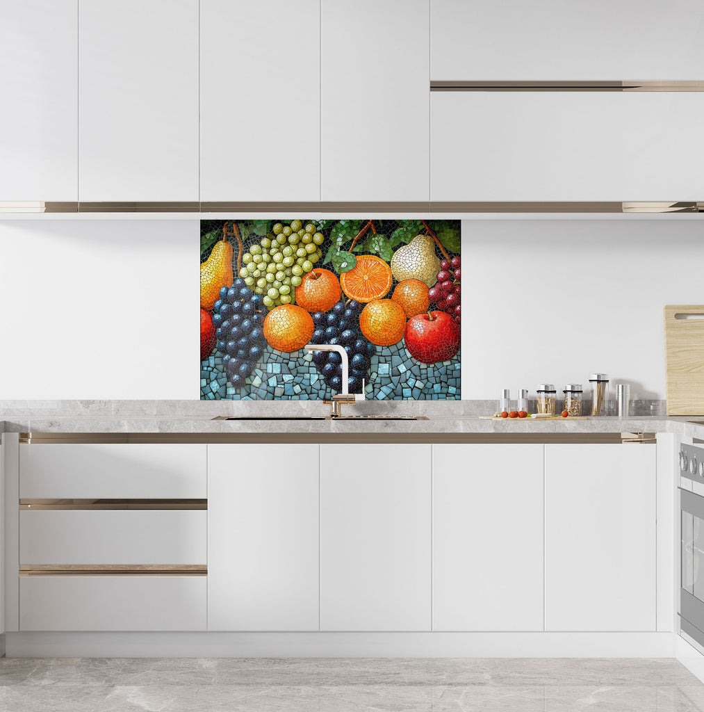 Colorful fruit mosaic backsplash glass artwork, designed to energize luxury kitchen spaces with bold colors.

