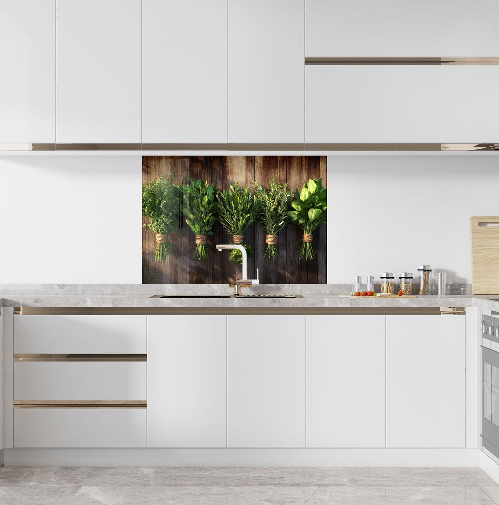 Lush herb bundles kitchen backsplash natural farmhouse kitchen decor with realistic printed backsplash glass art panel

