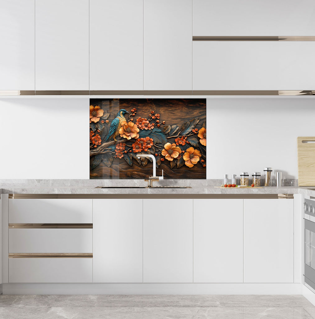 Colorful bird and floral kitchen backsplash high resolution textured glass wall art panel for artistic and elegant kitchens