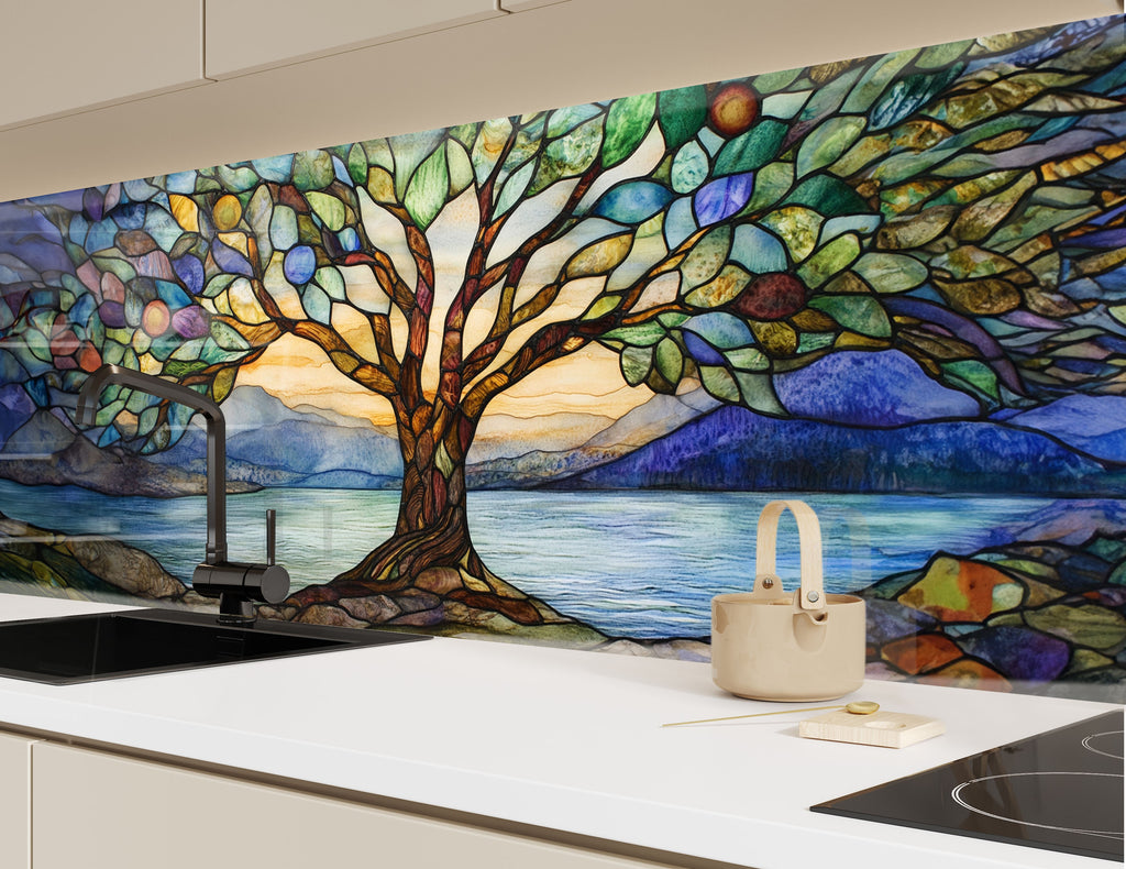 Multicolor tree design kitchen backsplash with peaceful water and mountain landscape, perfect for nature lovers.

