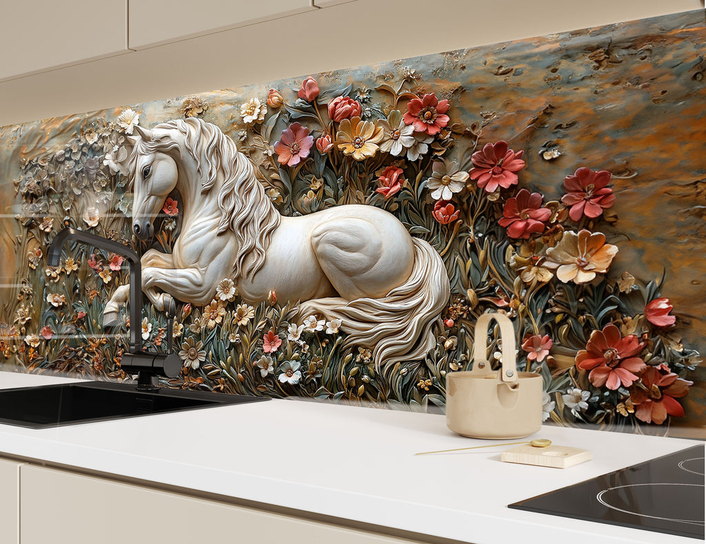 Peaceful white horse with blooming garden – enchanting floral wall design.

