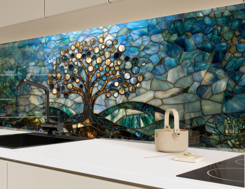 Elegant tree of life backsplash in oceanic blues and earthy greens – a centerpiece for artistic kitchens.

