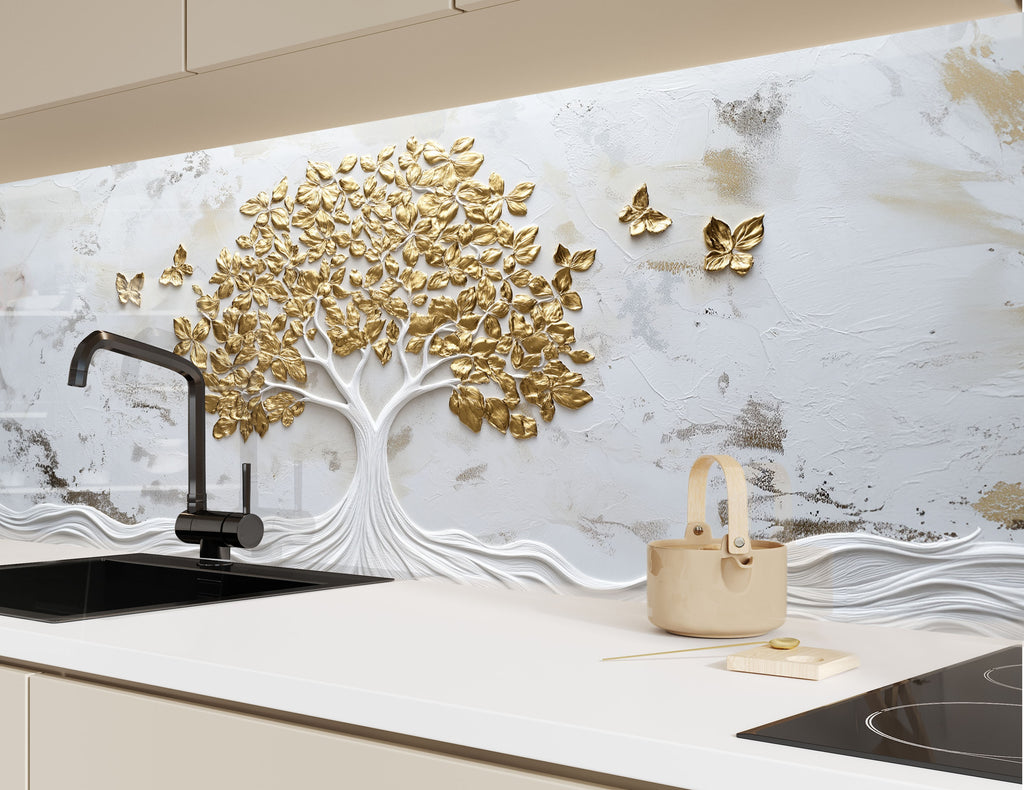 Luxury tree of life backsplash golden leaves and white flowing roots on artistic glass wall art for kitchens

