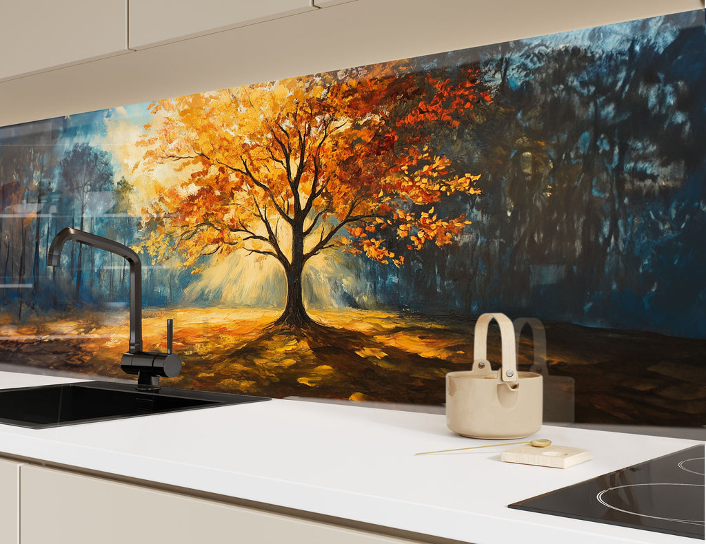 Golden hour inspired backsplash glass art, ideal for sophisticated and nature-themed kitchen décor.

