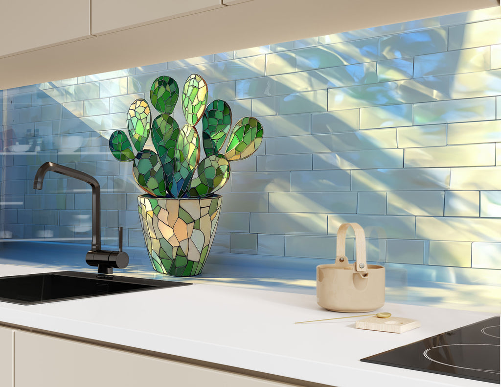 Nature-inspired cactus backsplash glass art for bright and cheerful kitchen spaces.

