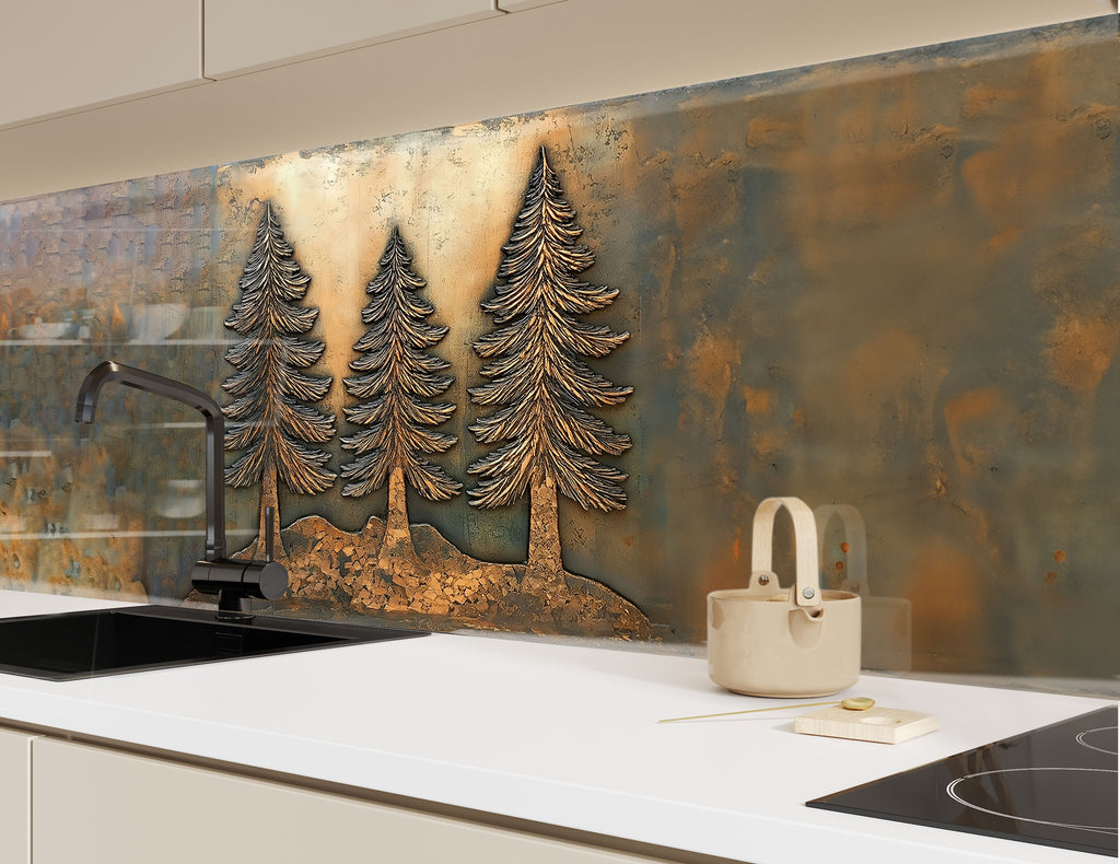 Luxury forest themed kitchen backsplash with pine tree design premium textured backsplash glass art panel for stylish interiors


