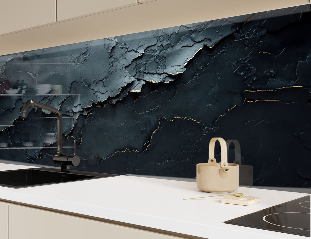 Contemporary backsplash glass art with dark cracked stone look and metallic gold veins, designed for upscale spaces.

