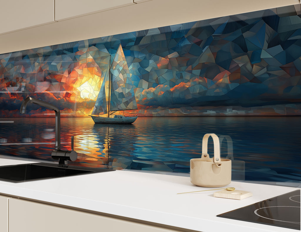 Colorful backsplash glass artwork capturing a sailboat under a dazzling sky, a stunning choice for modern seaside homes.

