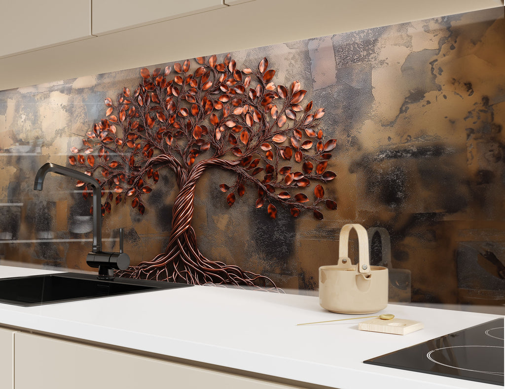 Luxury rustic kitchen backsplash featuring artistic copper tree of life embossed on textured glass wall panel

