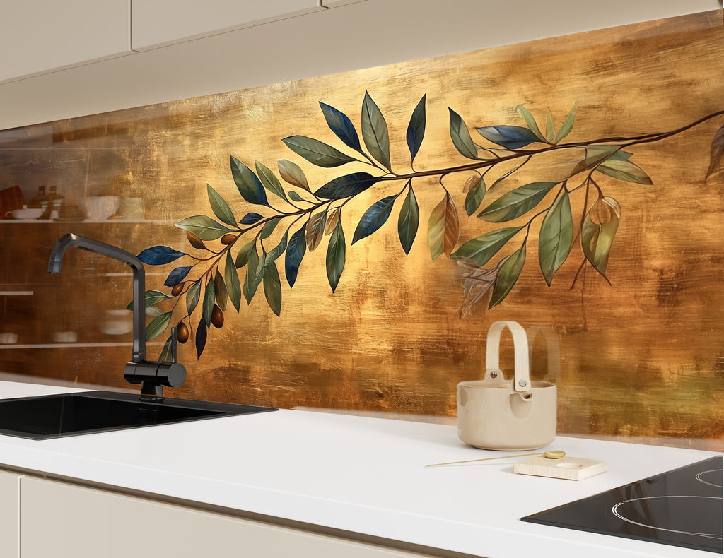 Luxury gold background kitchen backsplash with botanical olive branch design premium glass wall art for interiors

