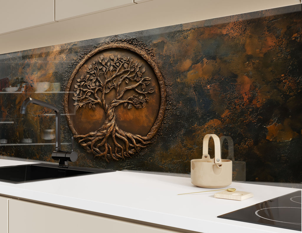 Embossed tree of life backsplash rustic bronze finish on glass wall art perfect for modern kitchen decor

