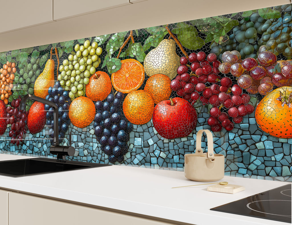 Backsplash glass art showcasing vivid grapes, oranges, and pears, ideal for farmhouse or rustic kitchen interiors.

