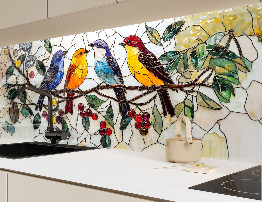 Nature-inspired backsplash glass art with radiant birds, ideal for kitchens seeking warmth and personality.

