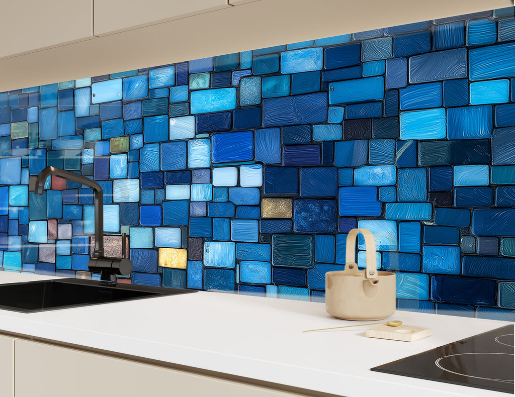 Luxury blue mosaic backsplash artistic textured glass panel perfect for stylish modern and high end kitchen renovations

