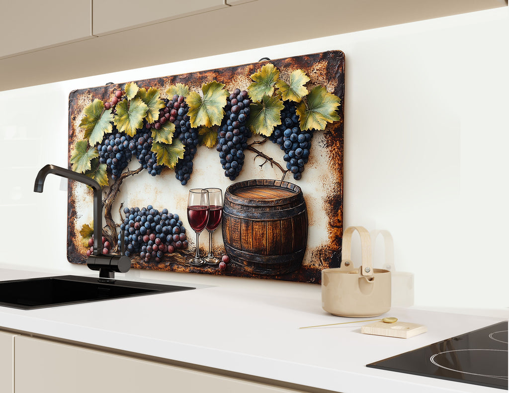 Rustic Grape Vine Glass Kitchen Backsplash – Vineyard Wine & Barrel Design-BacksplashArtworks