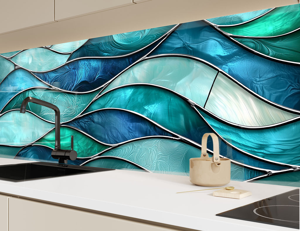 Luxury backsplash glass art featuring ocean waves abstract fluid blue and teal tones for high end kitchen renovations

