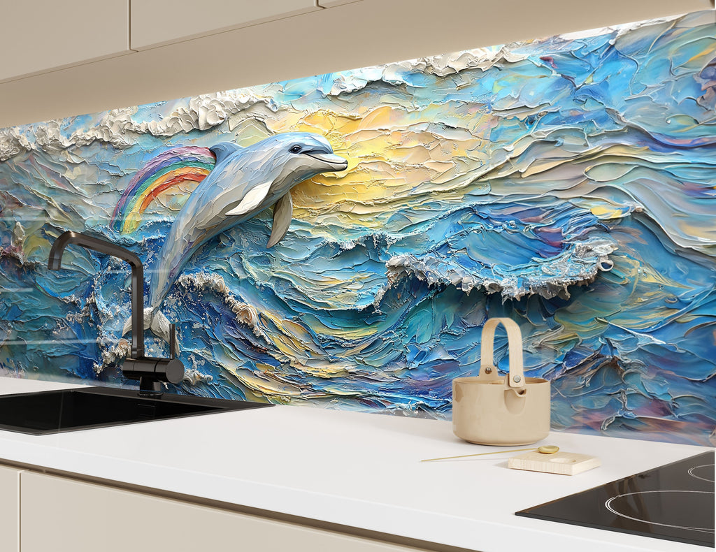 Playful dolphin in ocean waves under a rainbow – artistic glass backsplash accent.

