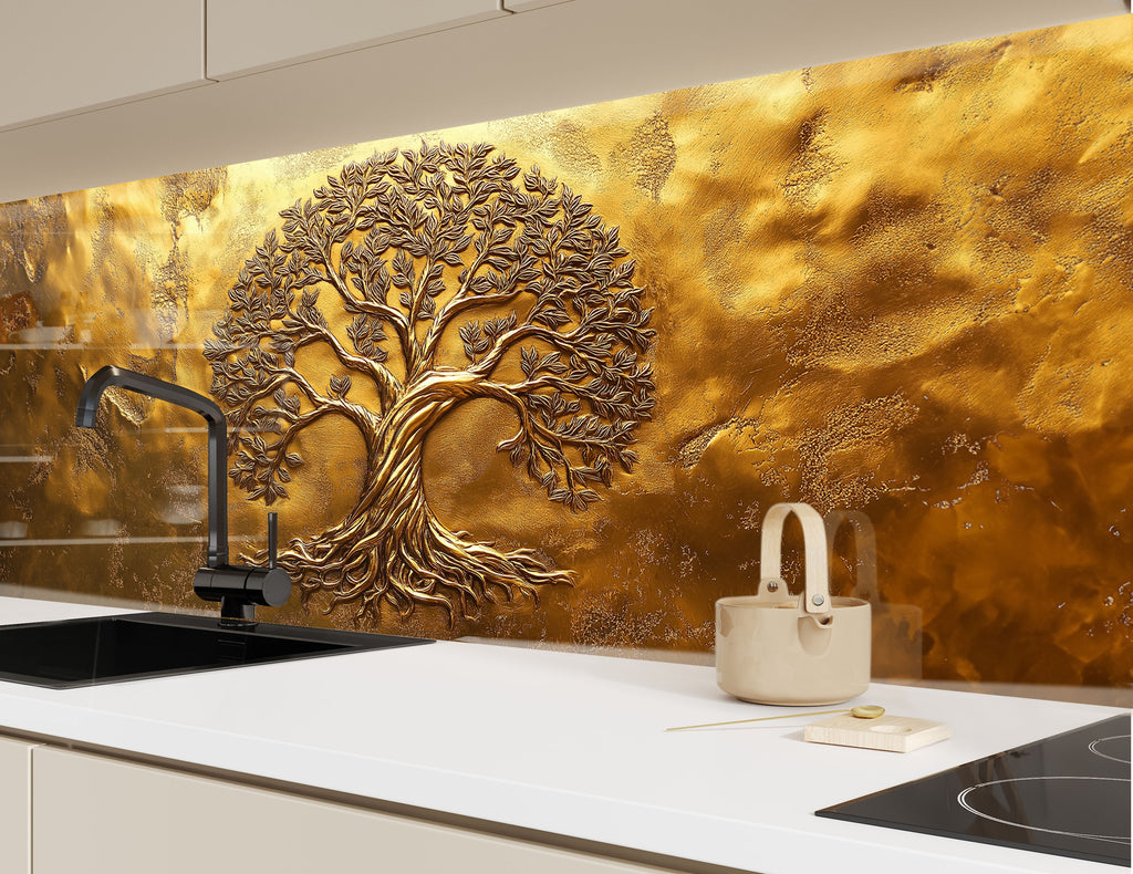 Luxury kitchen backsplash featuring golden tree of life artistic textured glass wall panel for contemporary interiors

