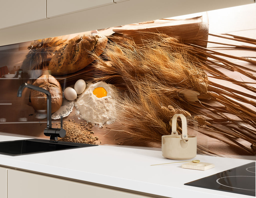 Country-style kitchen glass backsplash with eggs, flour, and golden bread.

