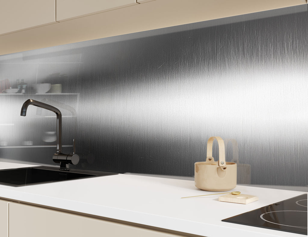 Elegant brushed metal backsplash glass panel to elevate industrial and modern interiors.


