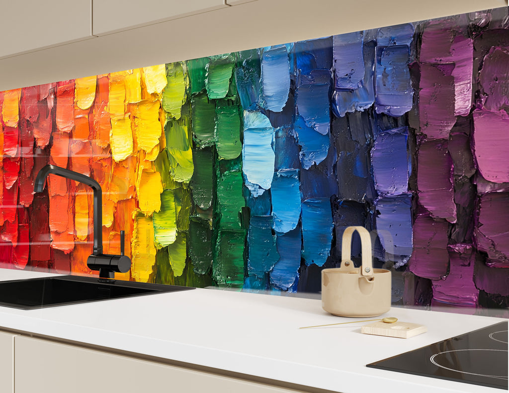 Luxury kitchen backsplash with abstract rainbow brush strokes premium textured backsplash glass art for stylish and artistic homes

