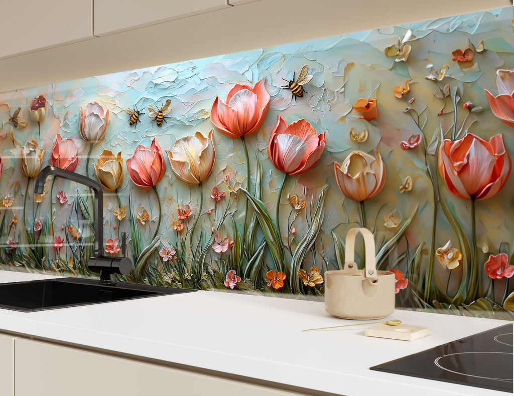 Pastel tulip flowers and bees art glass backsplash – adds a fresh springtime feel to kitchens.

