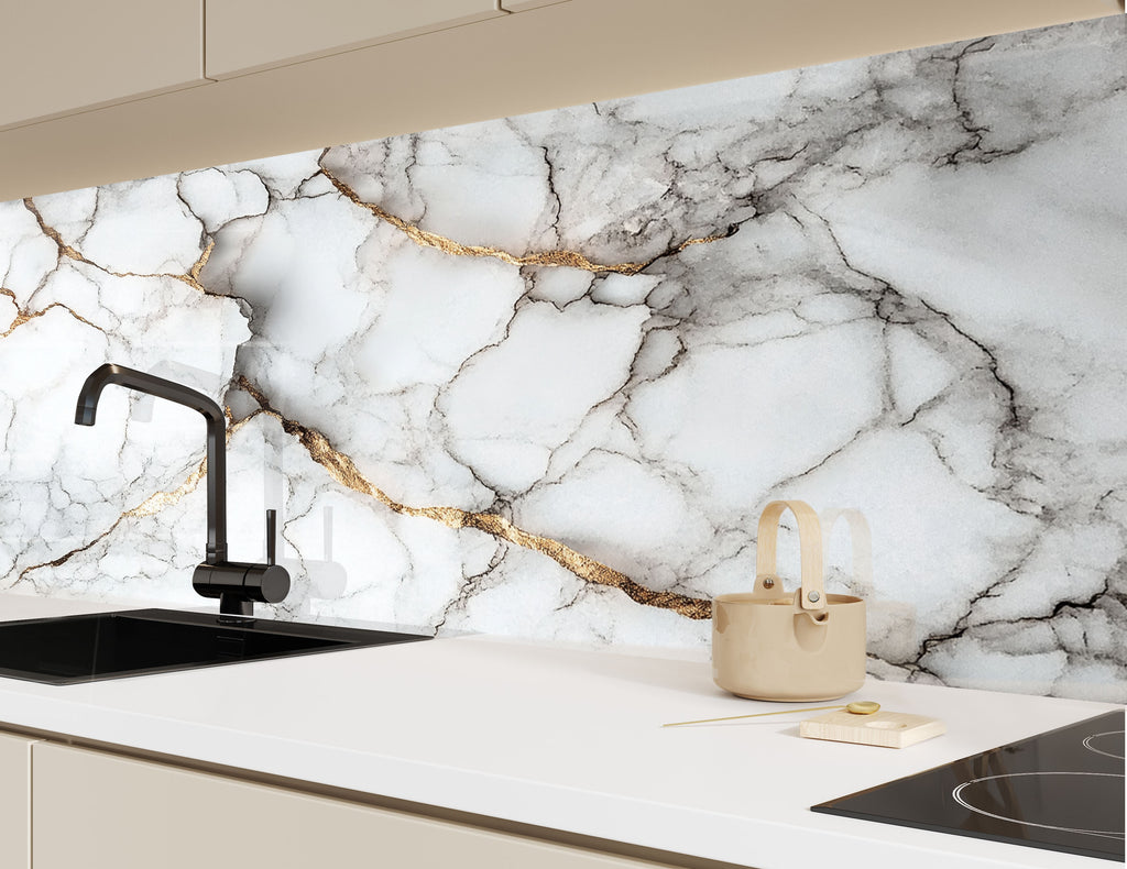 White and gold marble backsplash glass art perfect for luxurious and classic interiors.

