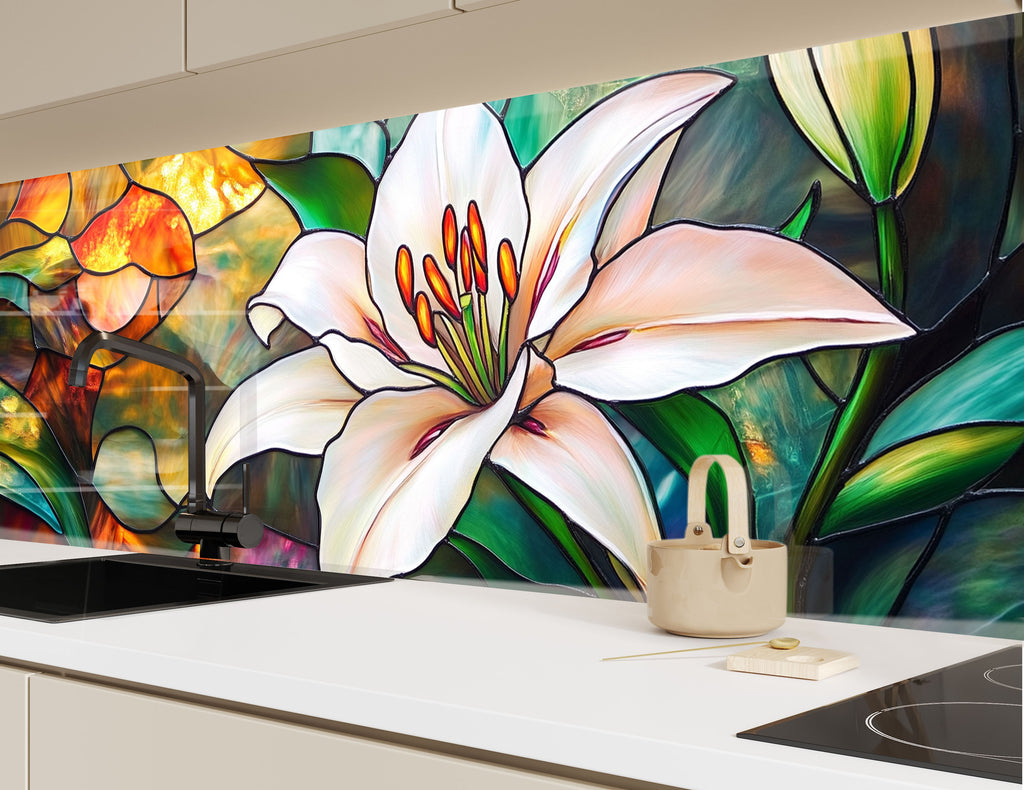 Colorful kitchen backsplash glass art showcasing a bright white lily and dynamic abstract background for artistic home decor.

