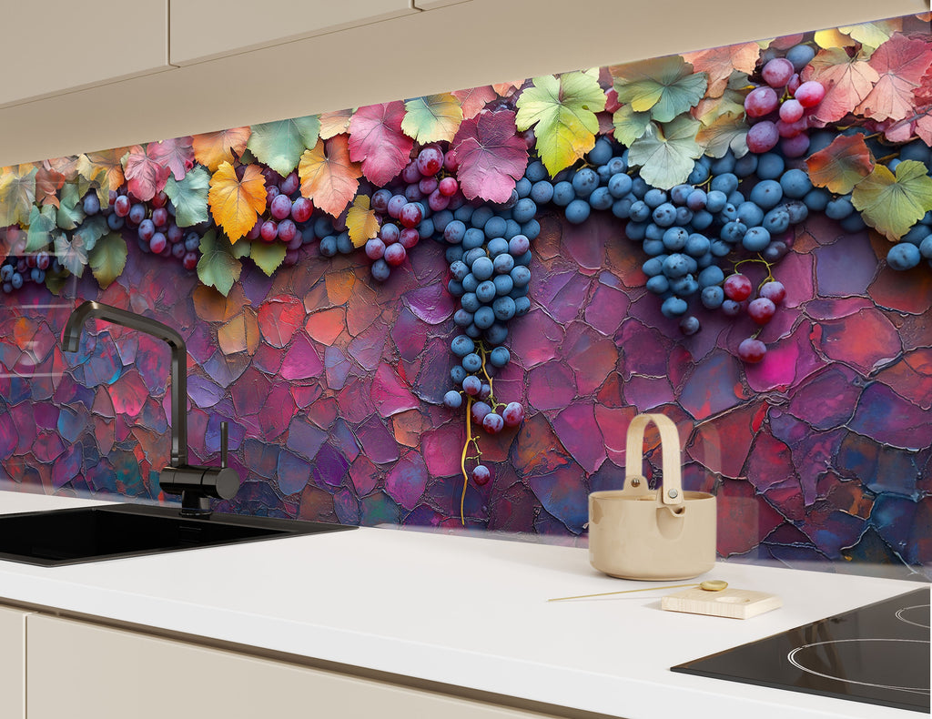 Rustic Grape Vine Glass Kitchen Backsplash – Colorful Vineyard Harvest-BacksplashArtworks