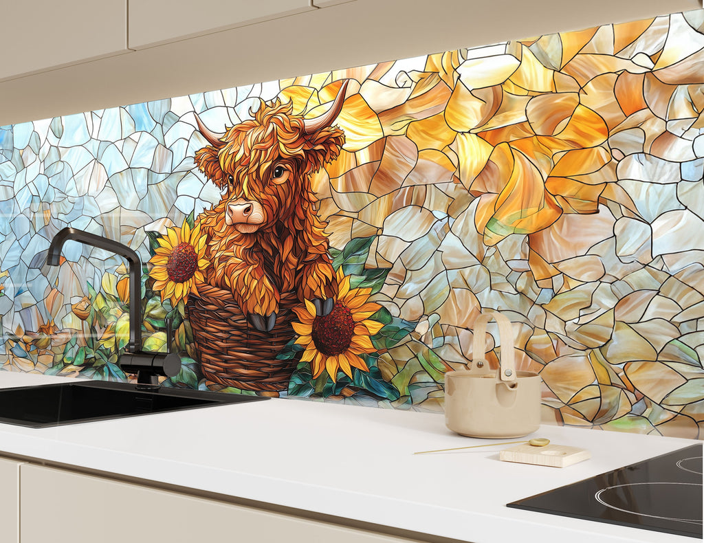 Backsplash glass art featuring a sweet cow nestled among vibrant sunflowers, ideal for country-style homes.

