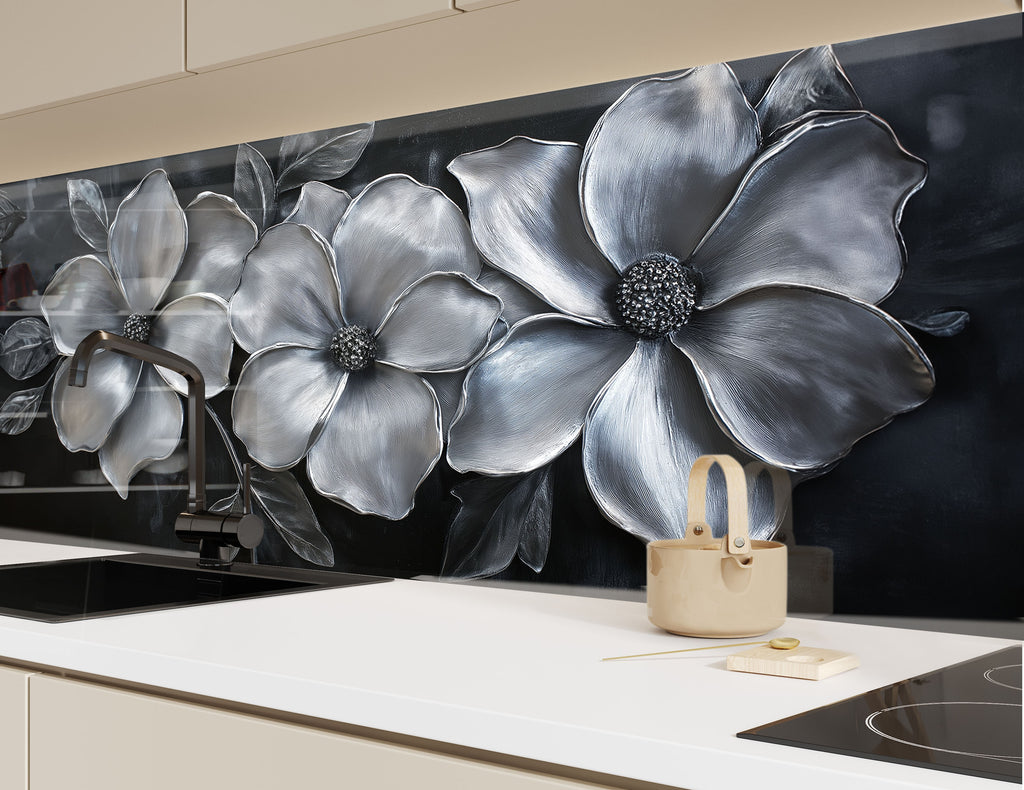 Modern kitchen backsplash featuring silver flower art embossed textured glass wall panel for elegant home decor

