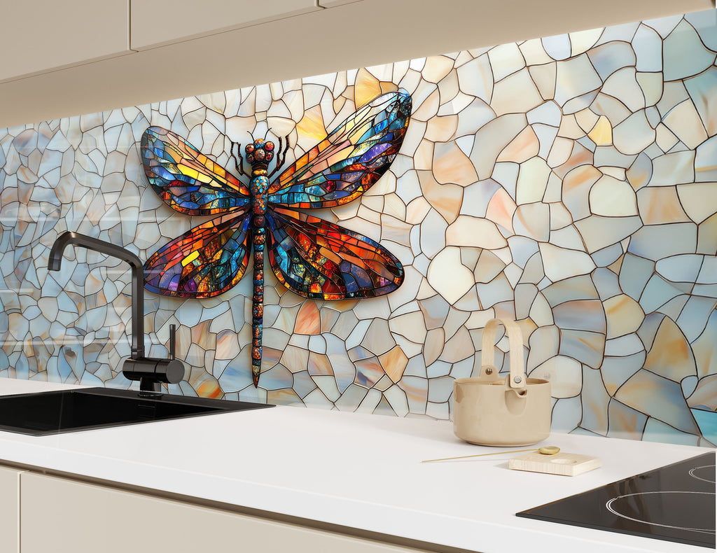 Vibrant dragonfly backsplash glass art, ideal for bold and creative kitchen interiors.


