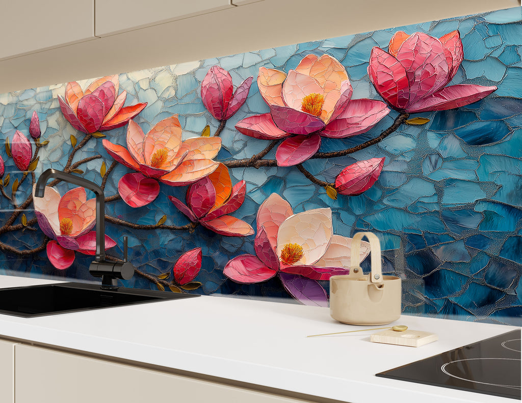 Magnolia Mosaic Art - Glass Kitchen Backsplash-BacksplashArtworks