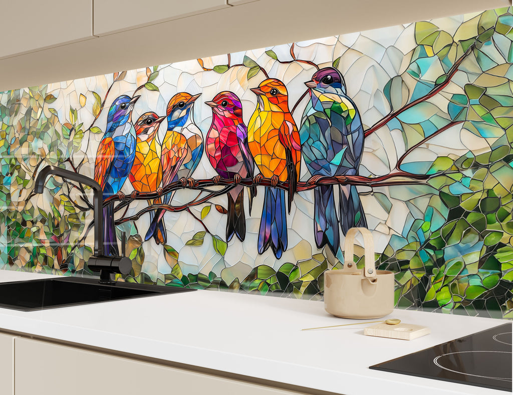 Stained glass backsplash featuring vivid bird designs, ideal for bright and cheerful interiors.


