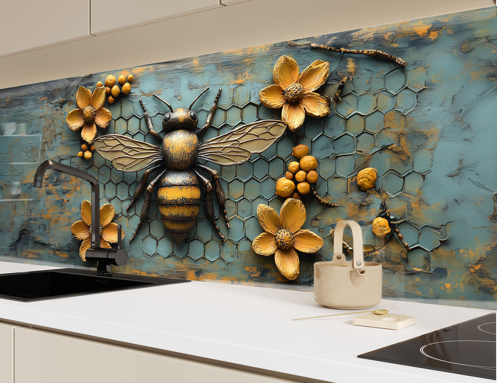 Vintage Honey Bee - Glass Kitchen Backsplash-BacksplashArtworks