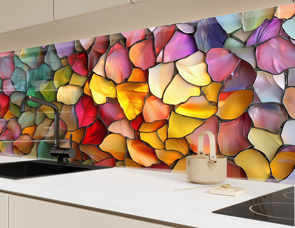 Radiant kitchen splashback with leaf-like glass texture.

