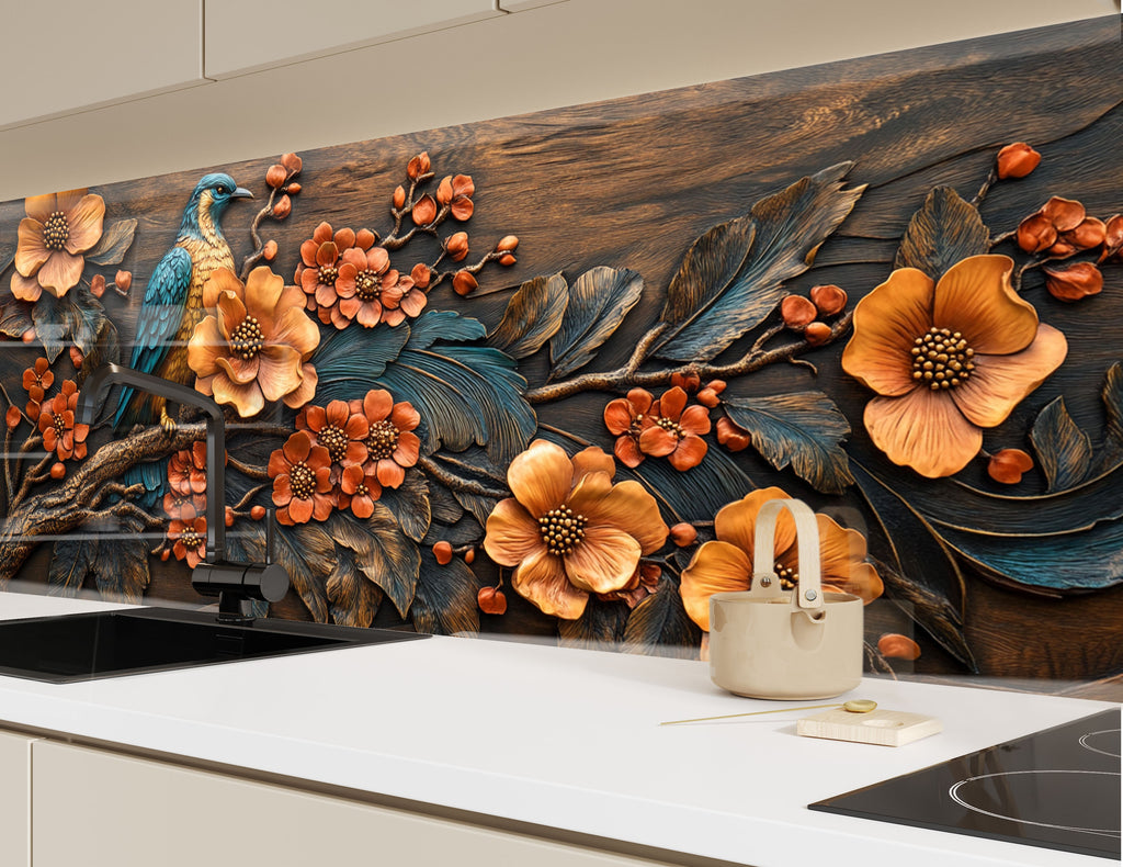 Backsplash glass wall art featuring vivid tropical bird and orange flowers perfect for luxury kitchen interior designs
