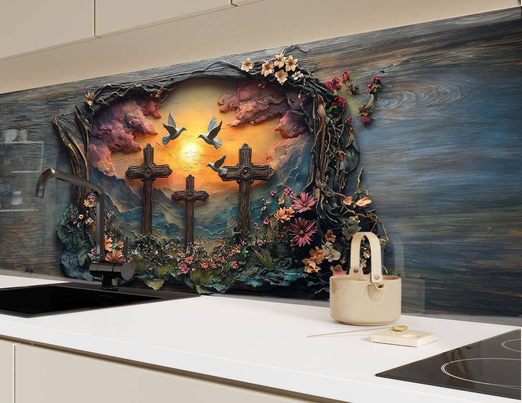 Faithful Sunrise - Three Crosses Glass Kitchen Backsplash-BacksplashArtworks