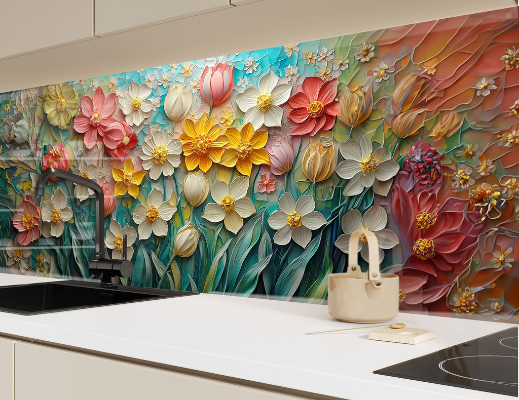 Colorful flower field kitchen backsplash with dynamic 3D-style floral design, bringing elegance and nature indoors.

