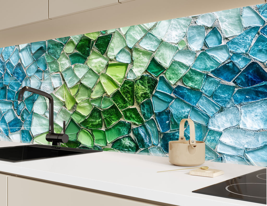 Artistic mosaic backsplash glass wall art featuring green and blue broken glass pattern ideal for contemporary kitchens

