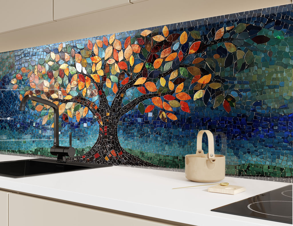 Elegant kitchen backsplash with vibrant mosaic tree and colorful leaves artistic textured backsplash glass art perfect for modern interiors

