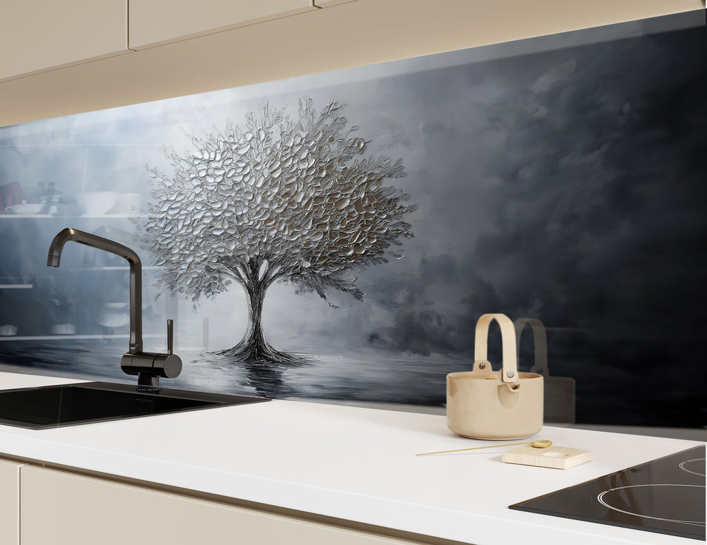Metallic silver tree kitchen backsplash artistic textured glass wall art ideal for minimalist and modern interiors

