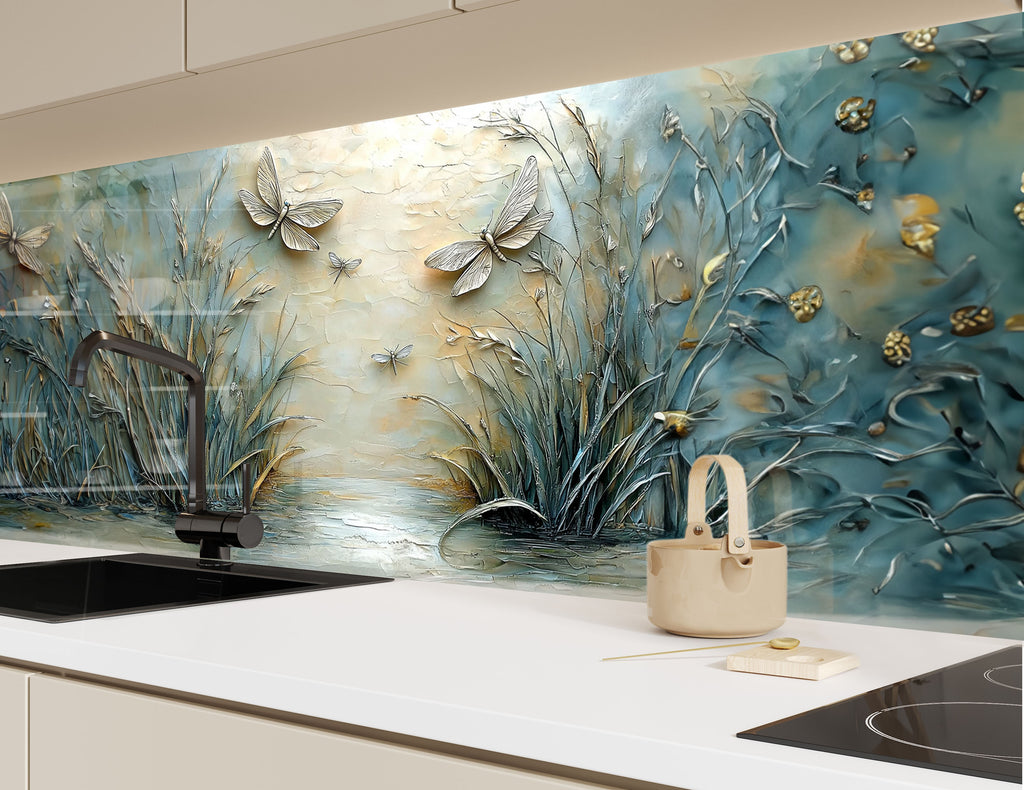 Nature-themed kitchen backsplash featuring dragonflies and water reeds – soft colors for a calm decor.

